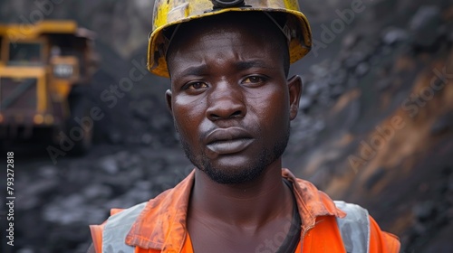 After a challenging day at the coal mine a young Black African foreman gazes confidently into the camera decked out in a reflective bib and hard hat