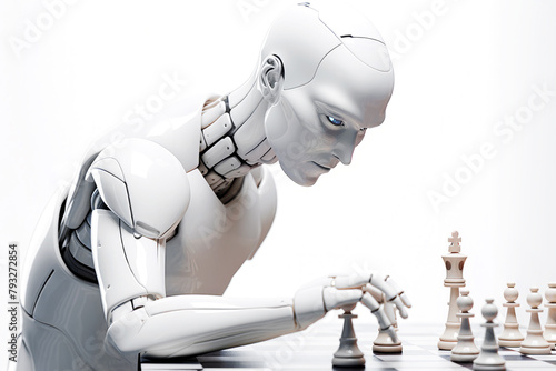 Android robot plays chess. Artificial intelligence training. White background. Copy space.