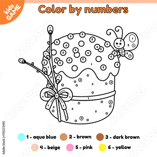 Kids Easter game Color by numbers. Cartoon Easter cake decorated with a bow and pussy willow. A cute butterfly sits on a festive kulich. Page of the coloring book for children. Outline vector design.