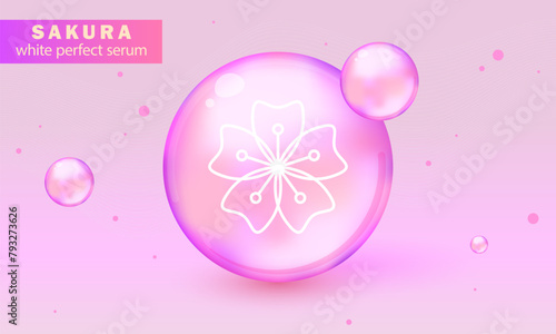 Sakura cosmetics. Facial cleanser banner, beauty cosmetic product on pink background with sakura flowers. Milk, gel, scrub. Collagen Sakura Serum, Vitamin and Background Vector Skin Care Cosmetic