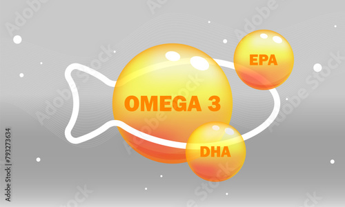 Vitamin sign, symbol. Omega 3 fish oil. Vector illustration. Omega-3 Fatty Acids gold shining pill capsule icon. Vitamin complex with Chemical formula Dietary supplement. Shining golden substance drop