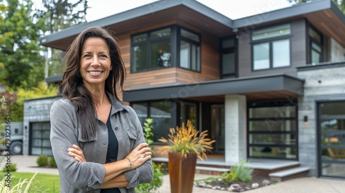 african american woman real estate agent or buyer stands outside a modern home 