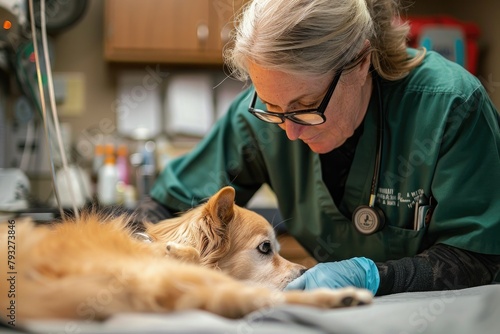 a veterinarian vet comforting treating a poorly pet dog photo