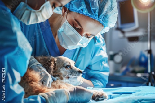 a veterinarian vet treating, performing a surgery on a poorly pet dog photo