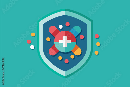 A shield featuring a prominent plus sign, symbolizing protection and positivity, protect drugs, Simple and minimalist flat Vector Illustration