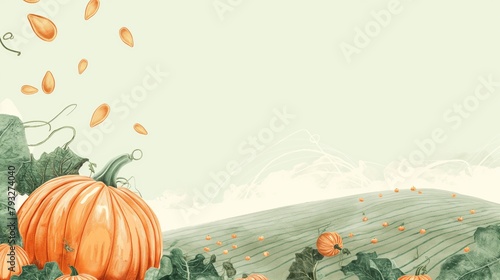 Autumn illustration pumpkins and seeds. light green background. Top pumpkin seeds falling. photo