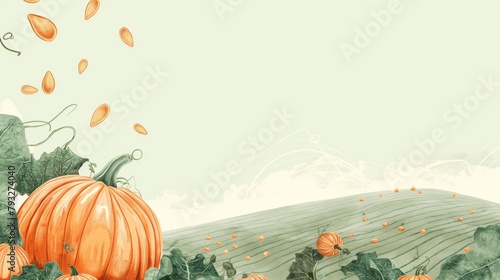 Autumn illustration pumpkins and seeds. light green background. Top pumpkin seeds falling.
