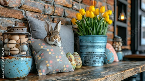   A cat atop a pillow on a wooden shelf, beside a vase filled with yellow tulips #793274065