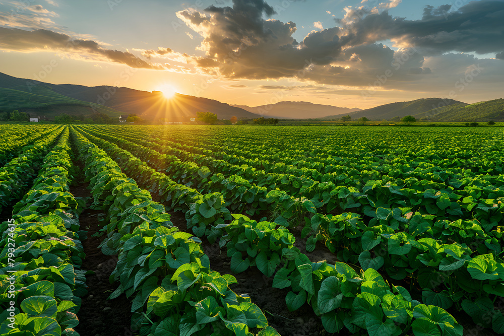 Sunset Over Potato Field,
Rows of lettuce plants in a field with the sun in the background

