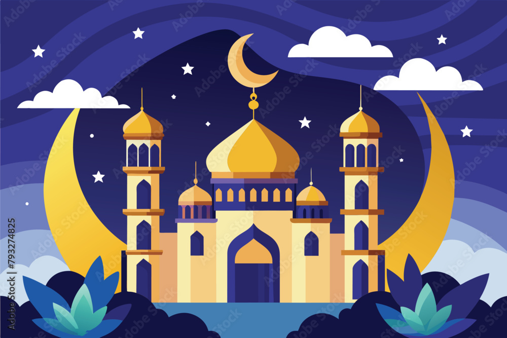 A mosque with a crescent moon symbol in the background, symbolizing Islamic architecture and faith, Ramadan kareem background, Simple and minimalist flat Vector Illustration