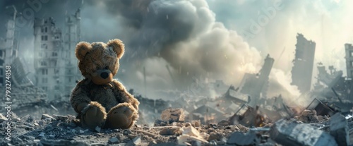 teddy bear against of a destroyed city Generative AI photo