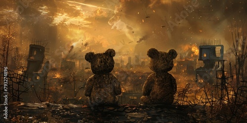 teddy bear against of a destroyed city Generative AI