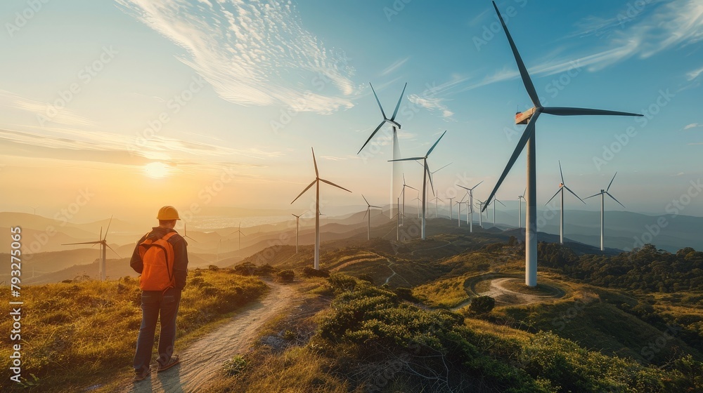 mechanic walking to windmill for maintenance environmental concept wind energy mechanic walking to windmill for maintenance environmental concept wind energy