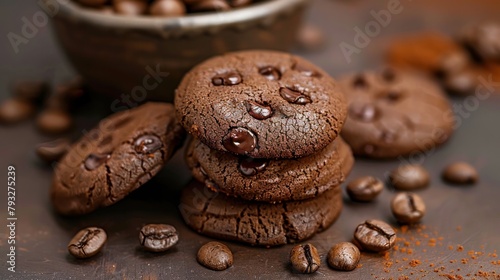 Mocha cookies in a shape of coffee beans. Delicious homemade biscuits with chocolate.