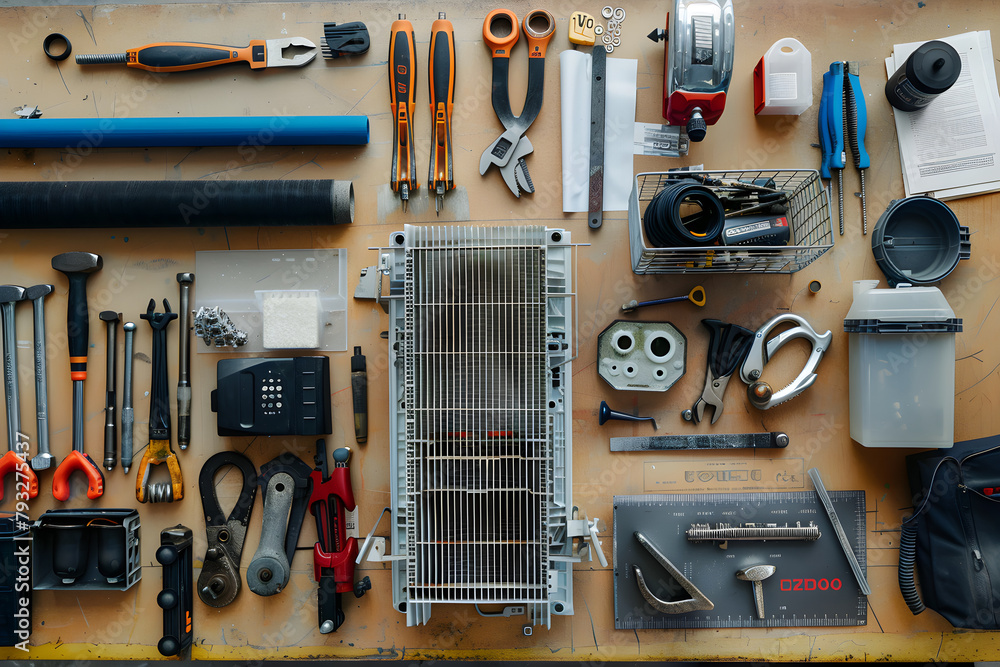 Overhead View of a Well-Equipped Workbench for Radiator Repairs