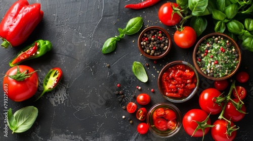 A table with a variety of different types of tomatoes and herbs, AI