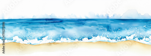 Watercolor painting of a tranquil beach, with gentle waves lapping against the golden sands under a clear sky