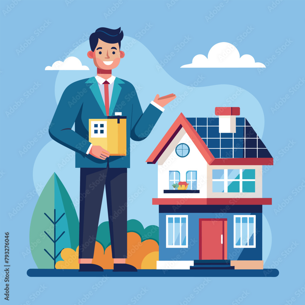 A man in front of a house holding a clipboard, possibly a realtor showing property, Realtor offer homes to buyers, Simple and minimalist flat Vector Illustration A man in front of a house holding a clipboard, possibly a realtor showing property, Realtor offer homes to buyers, Simple and minimalist flat Vector Illustration