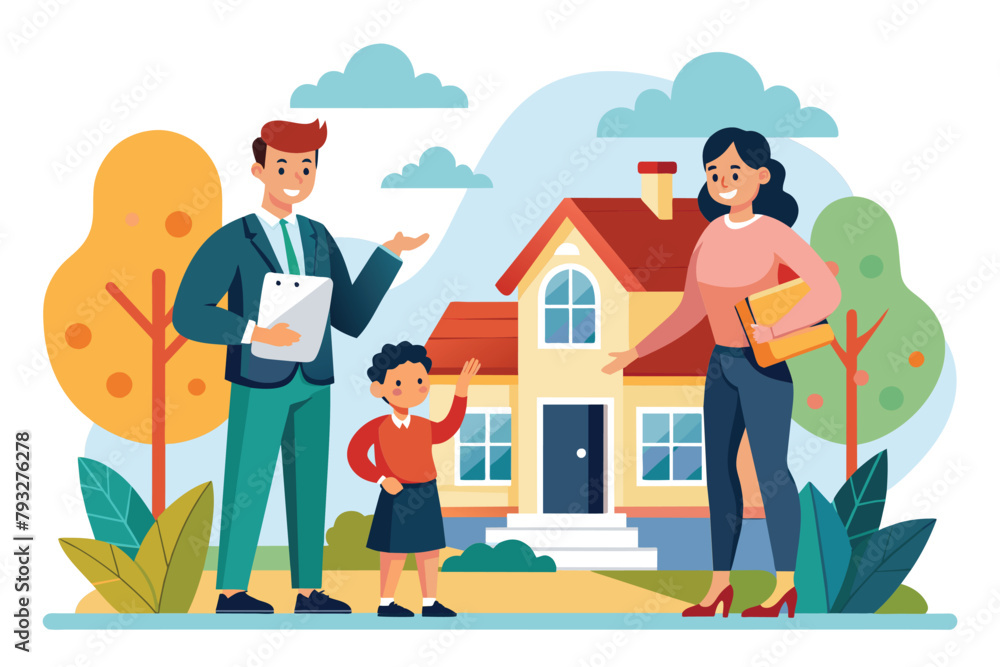 A family of four standing together in front of a suburban house, Realtor offer homes to buyers, Simple and minimalist flat Vector Illustration
