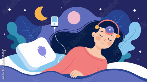 A woman sleeps peacefully in bed a tiny neurotechnology device attached to her temple as her the guides her through a dream for anxiety relief..