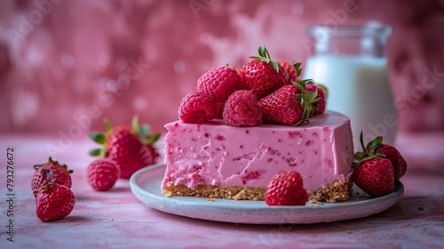   A tight shot of a cake on a plate  adorned with strawberries In the backdrop  a bottle of milk stands ready
