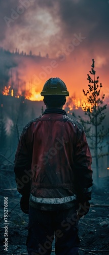 A firefighter stands facing a massive forest fire