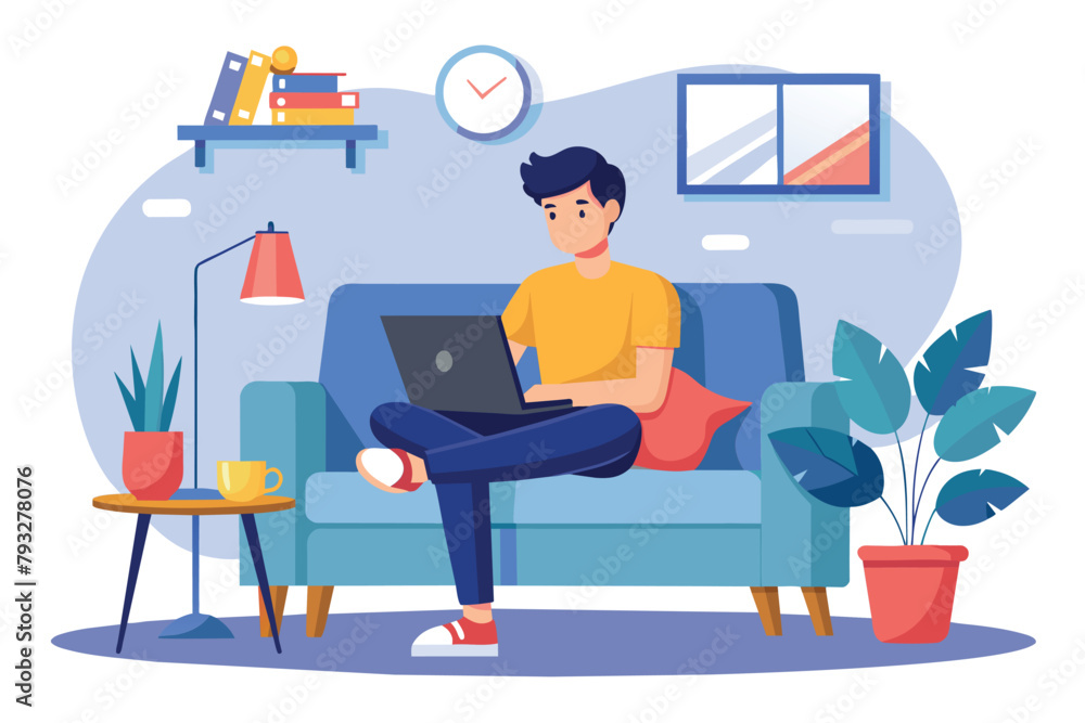 A man working from home sits on a couch while using a laptop computer, Remote working, A man work from home sitting on sofa trending, Simple and minimalist flat Vector Illustration A man working from home sits on a couch while using a laptop computer, Remote working, A man work from home sitting on sofa trending, Simple and minimalist flat Vector Illustration