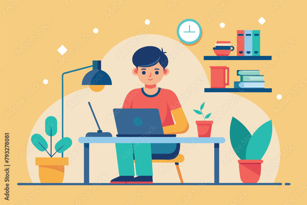 A person is sitting at a desk, working on a laptop, Remote working, Simple and minimalist flat Vector Illustration