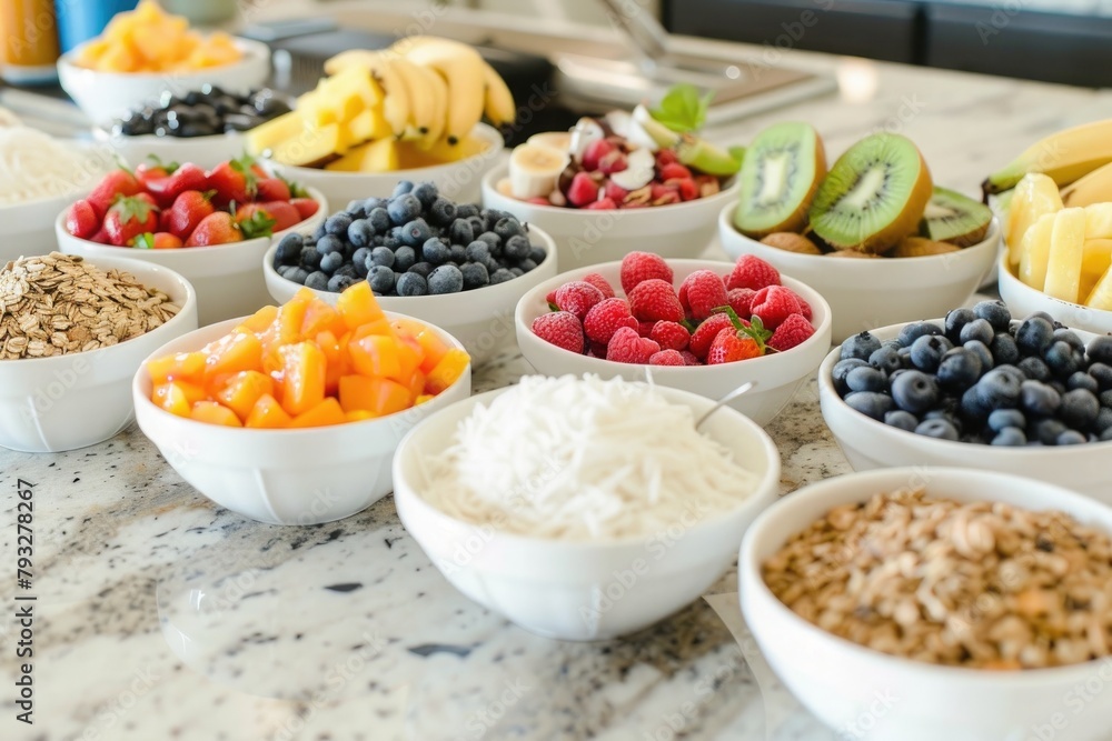 breakfast bar, berries, oats, fruit in little bowls on a table breakfast bar, berries, oats, fruit in little bowls on a table