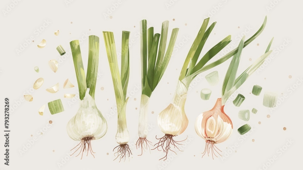 various stages and parts of allium plants, from spring onions to mature garlic bulbs, rendered in a classic style perfect for both culinary and educational spaces.