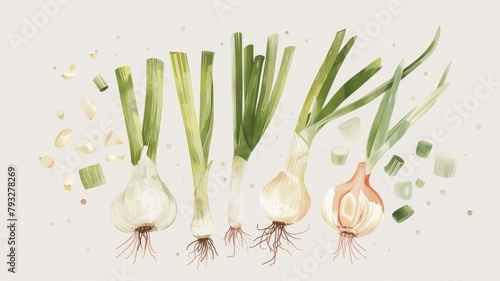 various stages and parts of allium plants, from spring onions to mature garlic bulbs, rendered in a classic style perfect for both culinary and educational spaces.