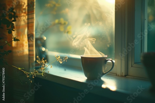 cup with hot drink on a windowsill