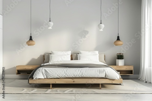 minimalistic bedroom in light earth colours with wood elements