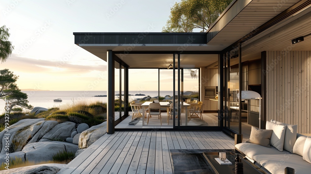 Modern holiday home with expansive sliding glass doors, blending indoor comfort with an outdoor natural setting by the sea. Modern holiday home with expansive sliding glass doors, blending indoor comfort with an outdoor natural setting by the sea.