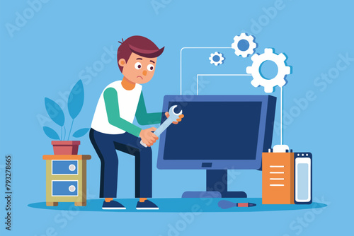 A man is seen fixing a computer screen with a wrench, focusing on repairing the error page not found, repairman fixes computer error page not found flat illustration