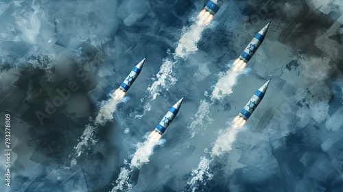 A digital artwork of multiple missiles launching simultaneously against a blue, cloudy background photo
