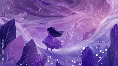 A solitary figure ventures through a mystical purple forest