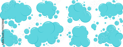 Cartoon blue cloud sky or foam bubble water icon, soap ball set, bath shampoo suds splash. Wash, laundry, clean underwater collection. Soda, carbonated fun vector illustration on white background © Sylfida