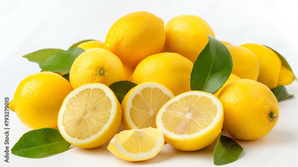 A stack of yellow lemons with some sliced in half, showcasing the juicy interior. The scene has green leaves interspersed among the lemons, creating a bright, citrus-filled atmosphere. A stack of yellow lemons with some sliced in half, showcasing the juicy interior. The scene has green leaves interspersed among the lemons, creating a bright, citrus-filled atmosphere.