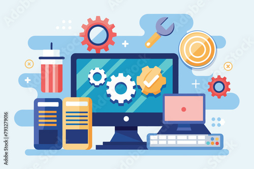 A computer screen displaying a wrench tool and gears, indicating possible software repairs or maintenance, Repairs to computer software, Simple and minimalist flat Vector Illustration