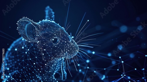 Mouse made from points and lines on dark blue background, rodent wireframe mesh polygonal AI generated photo