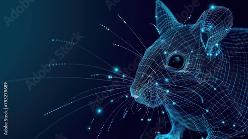 Mouse made from points and lines on dark blue background, rodent wireframe mesh polygonal AI generated