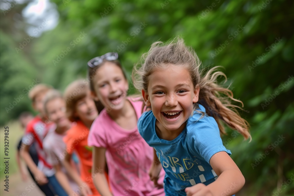 Group of happy children running in the park. Selective focus. Group of happy children running in the park. Selective focus.