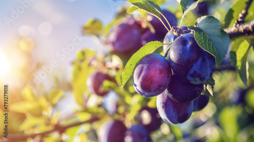 Fresh juicy ripe plums on a tree in a summer garden