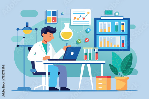 A man in a lab coat is focused on analyzing data on his laptop, Researcher analyzing data in the lab, Simple and minimalist flat Vector Illustration