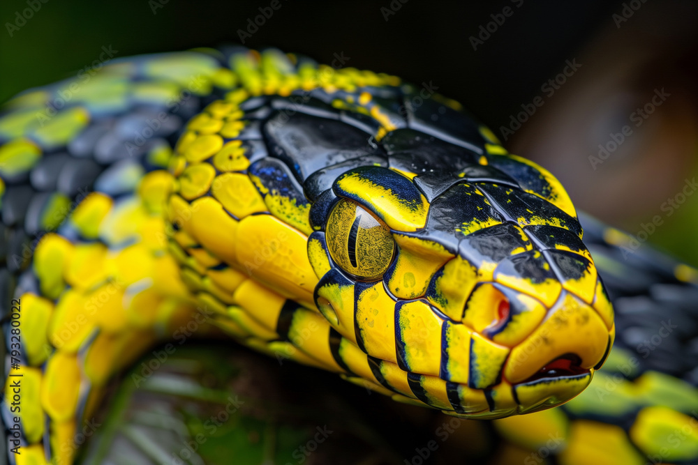 Boiga snake dendrophila yellow ringed, Head of Boiga dendrophila, animal closeup, animal attack Boiga snake dendrophila yellow ringed, Head of Boiga dendrophila, animal closeup, animal attack