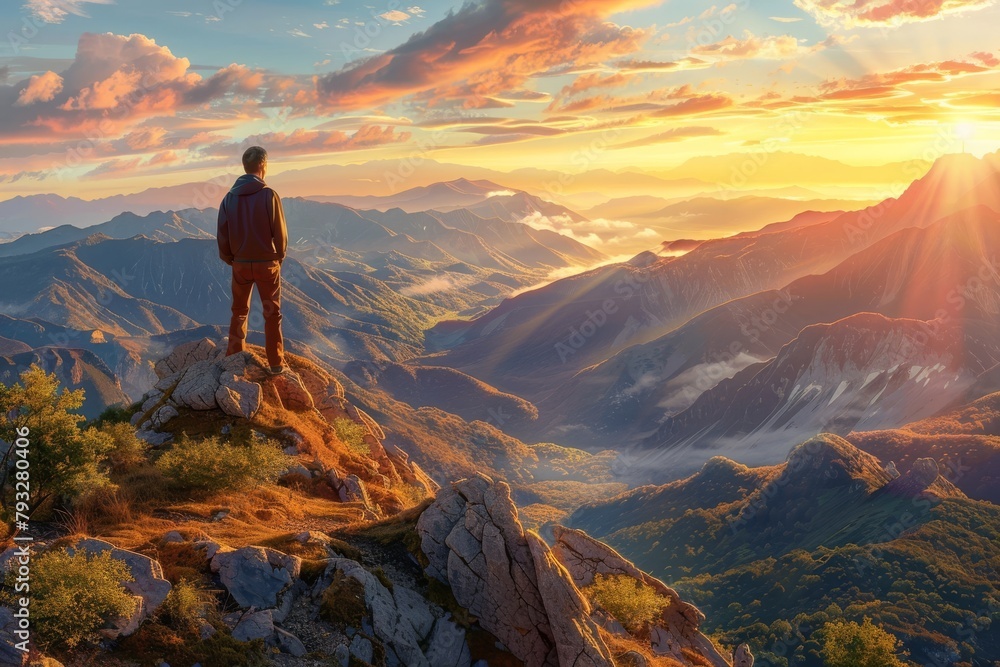 A man standing on top of a mountain as the sun sets. Goals and achievements concept photo composite. Concept vision, Hiker looking mountain and enjoying sunrise. High quality photo