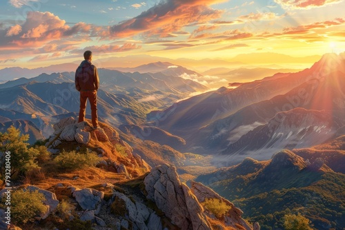A man standing on top of a mountain as the sun sets. Goals and achievements concept photo composite. Concept vision  Hiker looking mountain and enjoying sunrise. High quality photo