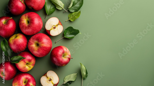 arrangement of bright red apples on a green surface with leaves. photo