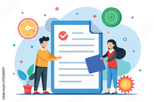 A man and woman are standing next to a large document, possibly discussing its contents, Reseller agreement, Simple and minimalist flat Vector Illustration